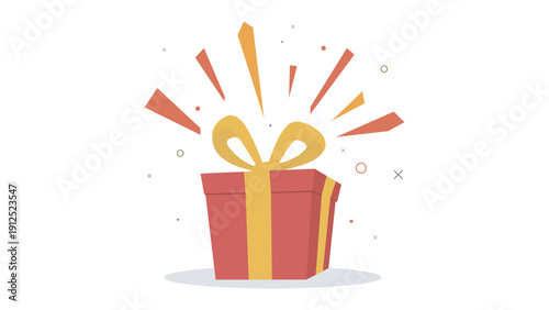 surprise red gift box, birthday celebration, special give away package, loyalty program reward, wonder gift with exclamation mark, vector icon, flat illustration 