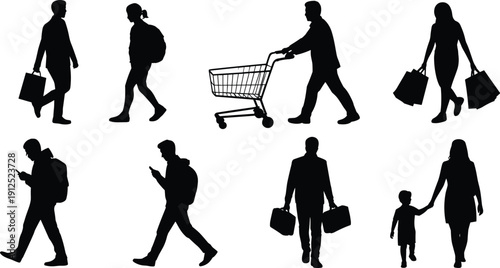 Vector silhouettes of shoppers with bags, person with shopping cart, commuters with backpacks, and parent with child for retail concepts