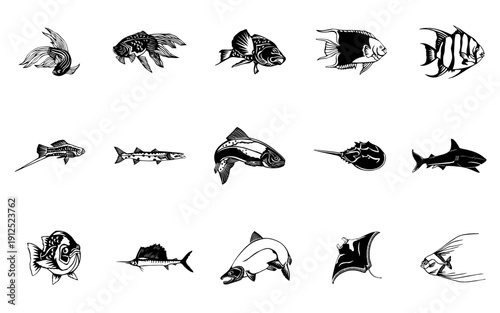 Seafood black icon collection. Includes fish, shark, squid, crab, ray, and eel symbols. Created in minimalist style with black and white palette