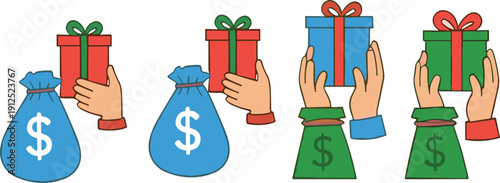 Cartoon hands holding gift boxes and money bags vector illustration set symbolizing finance exchange and holiday giving concepts
