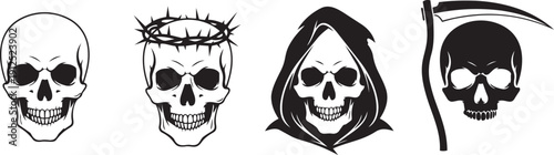 Black silhouette skull set with reaper scythe and crown of thorns on white background