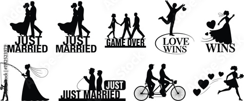 Wedding cake topper silhouette set with bride and groom, same sex couples, funny just married signs, and romantic bridal icons