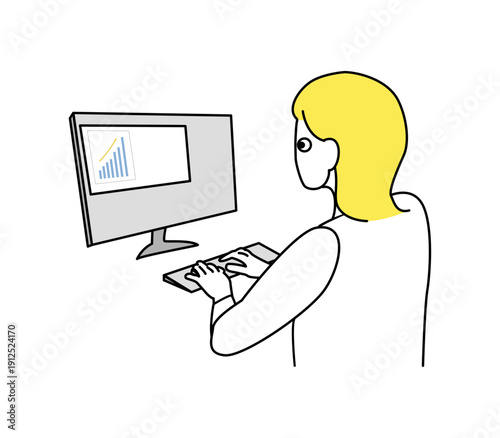 PCで作業するビジネスウーマンの後ろ姿のラインアート