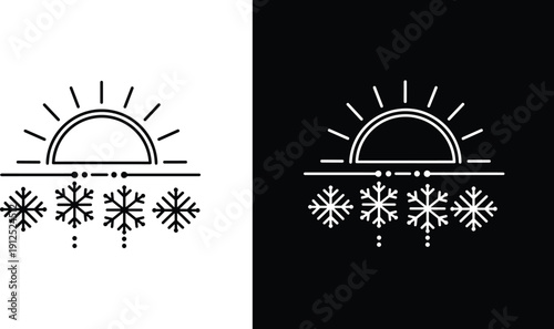 Winter Weather Icon Set Featuring Rising Sun and Snowflakes in Black and White Outline Style for Cold Seasonal Climate Design