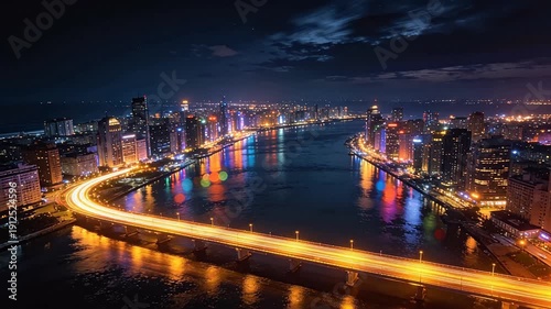 City night view with river bridge and car light trails
