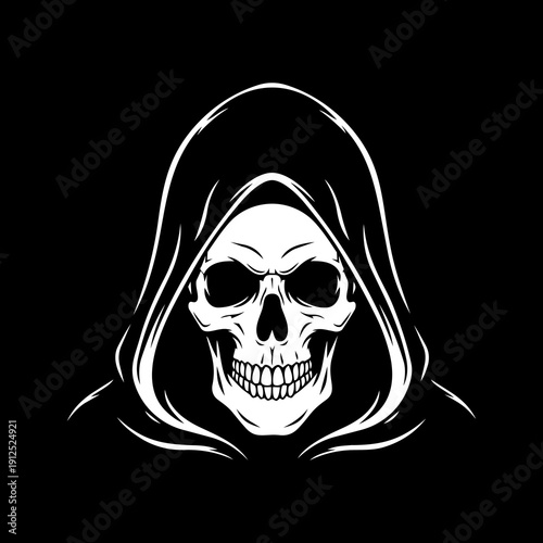 White skull silhouette with black hood on dark background for gothic vector design