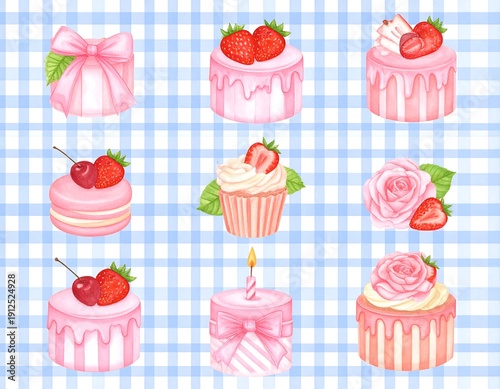 Cute pink desserts on blue gingham
