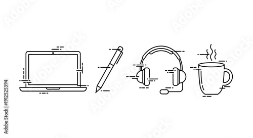 Minimalist Icons: Laptop, Pen, Headphones, Coffee Cup - Business and Technology Concept