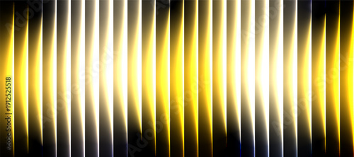 Yellow Gold Stripe Glass Effect Background with Neon Glow on Black, Abstract Futuristic Transparent Light Wave Vector Design