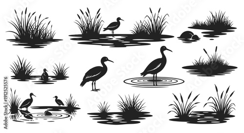 Set of black silhouettes of ducks, geese, and reeds in water, creating a serene wetland scene.
