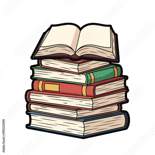 A stack of colorful books with one open on top