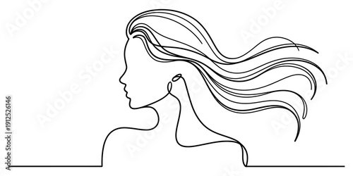 Continuous line drawing of a woman's profile with long flowing hair blowing in the wind Vector, illustration