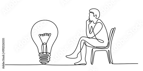 Minimalist continuous line drawing of a person sitting on a chair and looking at a large light bulb Vector, illustration