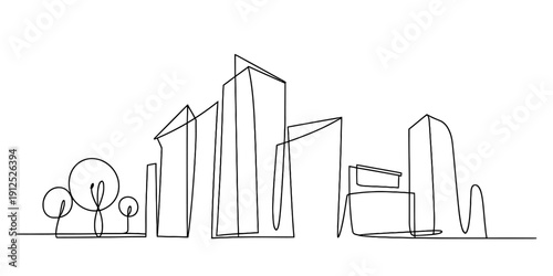 Continuous line drawing of a modern city skyline with tall buildings and trees on a white background. Vector, illustration