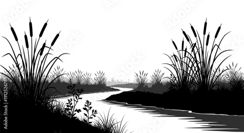 Black and white silhouette illustration of a winding river with cattails and reeds on its banks, depicting a serene natural landscape.
