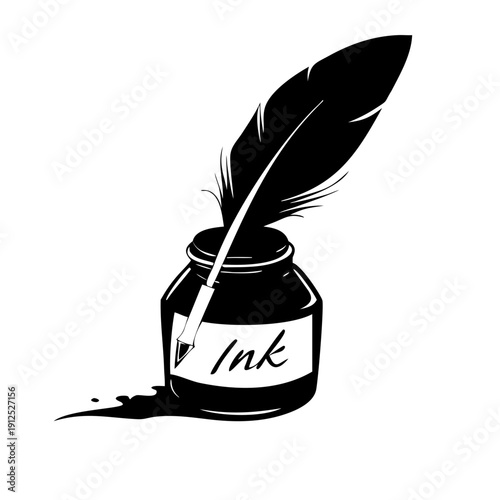 Inkwell and Feather Quill Silhouette Vector Icon
