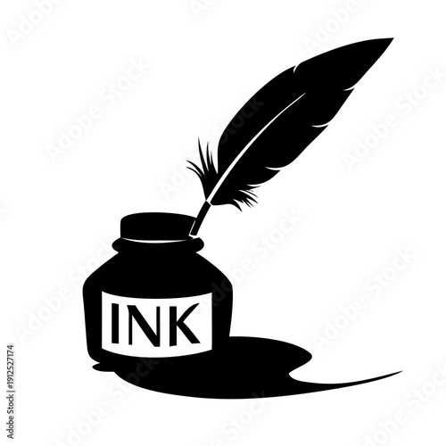 Inkwell and Feather Quill Silhouette Vector Icon