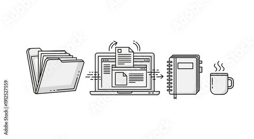 Digital Workflow: Document Transfer from Folder to Laptop to Notebook and Coffee