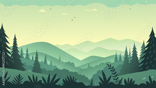 Serene mountain landscape with gentle rolling hills and misty valleys