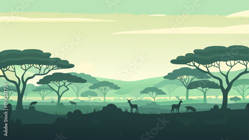 Serene african savanna with acacia trees and wildlife at dusk