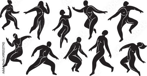Set of hand drawn athletic illustrations featuring people running jumping and lifting heavy weights with expressive kinetic speed lines
