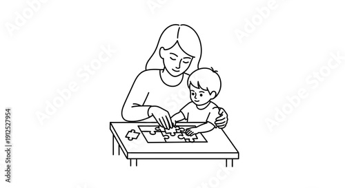 Mother and Child Assembling Jigsaw Puzzle Together, Family Bonding and Education