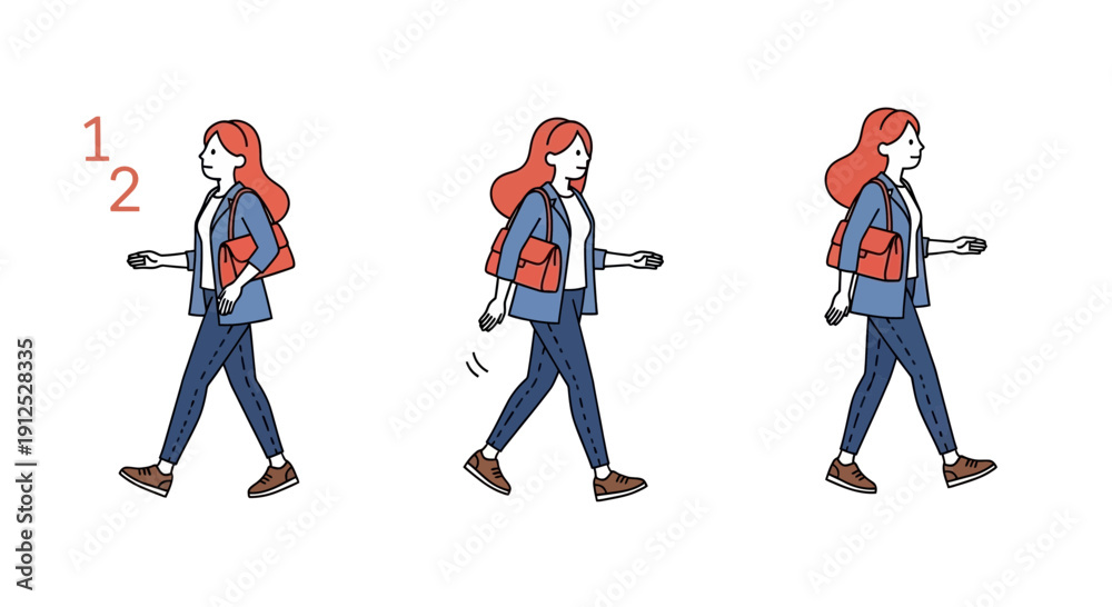Fototapeta premium Woman Walking Animation Sequence, Side View, Casual Outfit, Red Handbag