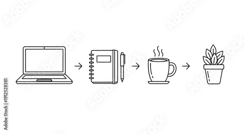 Workday routine: laptop, notebook, coffee, and plant. Simple icons.