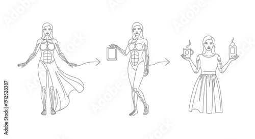 Woman's transformation from elegant to modern with technology and lifestyle products