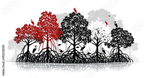 Stylized illustration of mangrove trees with birds and fish, reflecting on water, showcasing a unique ecosystem.