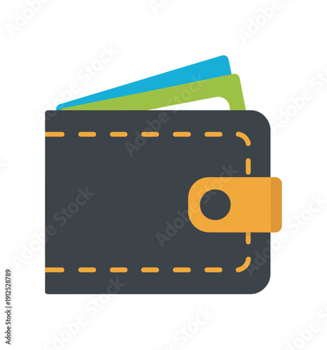 A dark blue wallet with an orange strap and two colorful cards partially visible