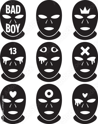 Set of black balaclava mask silhouettes with urban streetwear symbols. Vector icons of gangster masks with bad boy and thug life aesthetic isolated on white background.