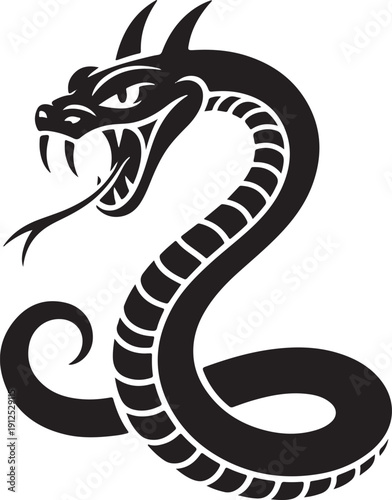 Aggressive black cobra snake silhouette with open mouth and forked tongue. Vector illustration of a striking serpent isolated on white background. Powerful snake symbol for tattoo, mascot, and logo de