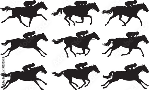 Large collection of horse racing jockey silhouettes in action. Vector set of galloping racehorses with riders isolated on white background. Professional equestrian sport motion frames for competition 