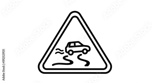 This triangular road sign illustration shows a car with skid marks, symbolizing slippery road conditions and driving caution. The image represents traffic safety warnings during rain, snow, or hazardo