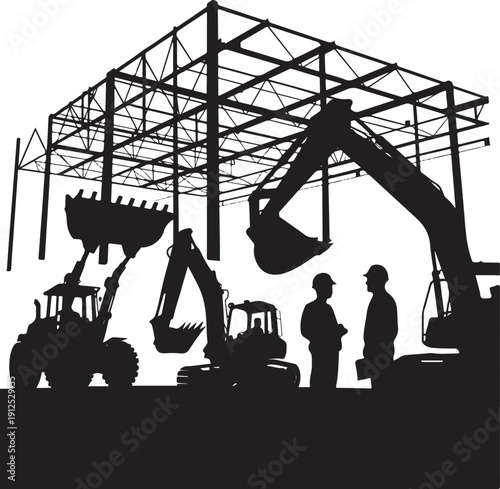 Industrial construction scene silhouette featuring excavator, bulldozer, and hardhat workers vector. Black silhouette of engineering site and heavy machinery isolated on white background.