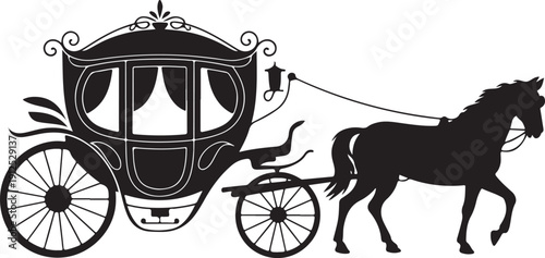 Vintage horse-drawn carriage silhouette isolated on white background. Elegant royal coach and horse vector illustration for wedding and fairy tale design.