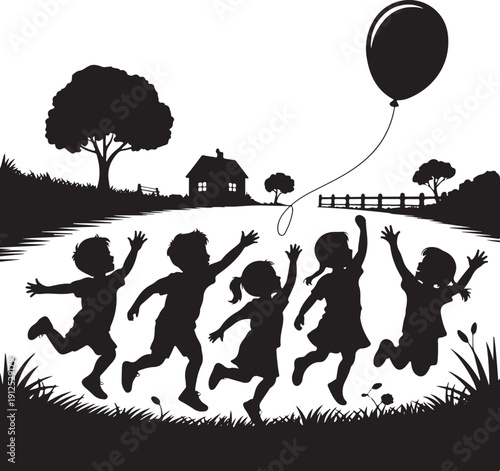 Silhouette of happy children jumping and playing with a balloon in a park. Black vector illustration of kids having fun outdoors with a house and trees in the background. Joyful childhood and friendsh