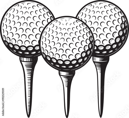 Set of three golf balls on tees, vintage engraving style black and white vector illustration isolated on white background.
