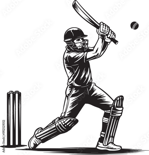 Dynamic black and white vector illustration of a cricket batsman in ready batting stance with ball and wickets isolated on white background.

