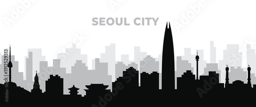 Black silhouette sketch of Seoul city skyline illustration design