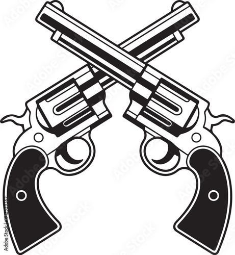 Detailed vector illustration of two crossed revolvers isolated on white background. Vintage Western pistols silhouette. Pair of old-fashioned handguns for Wild West and cowboy themed design.