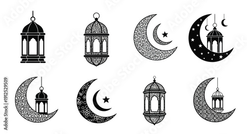 Ramadan decorations featuring lanterns and crescent moons in black and white