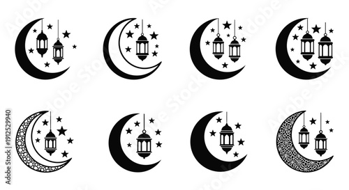 Ramadan crescent moons with lanterns a decorative islamic symbol set
