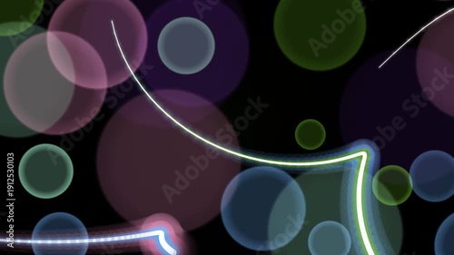 Vibrant glowing neon lights curving through colorful bubbles