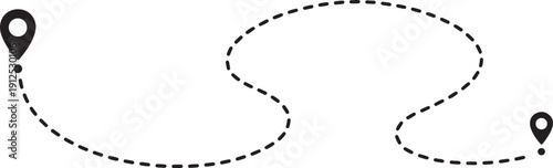 Minimalist dotted line route path between two map pin locations, travel and navigation concept vector isolated on white background.