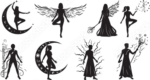 Set of celestial mystical icons featuring sun moon ocean waves and astrological esoteric symbols in a minimalist black and white style