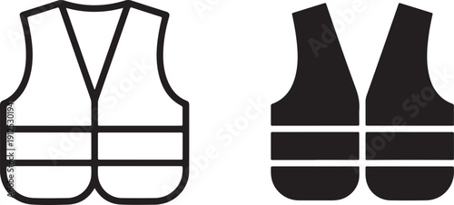 Set of safety vest icons in outline and solid silhouette styles, high visibility reflective vest for construction and industrial safety isolated on white background. 