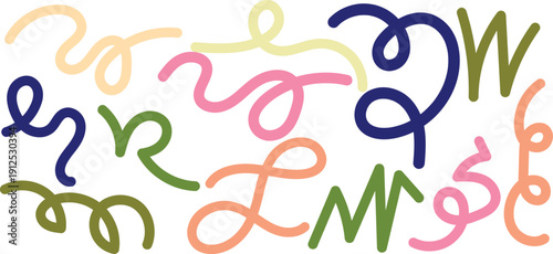 Abstract color line shapes squiggle vector graphic design wavy fun kid pattern isolated on background with organic doodle ribbon elements