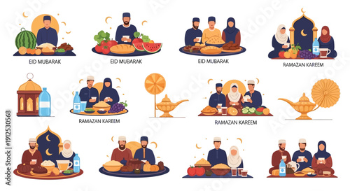 Colorful eid mubarak and ramadan kareem illustrations with traditional food and decorations